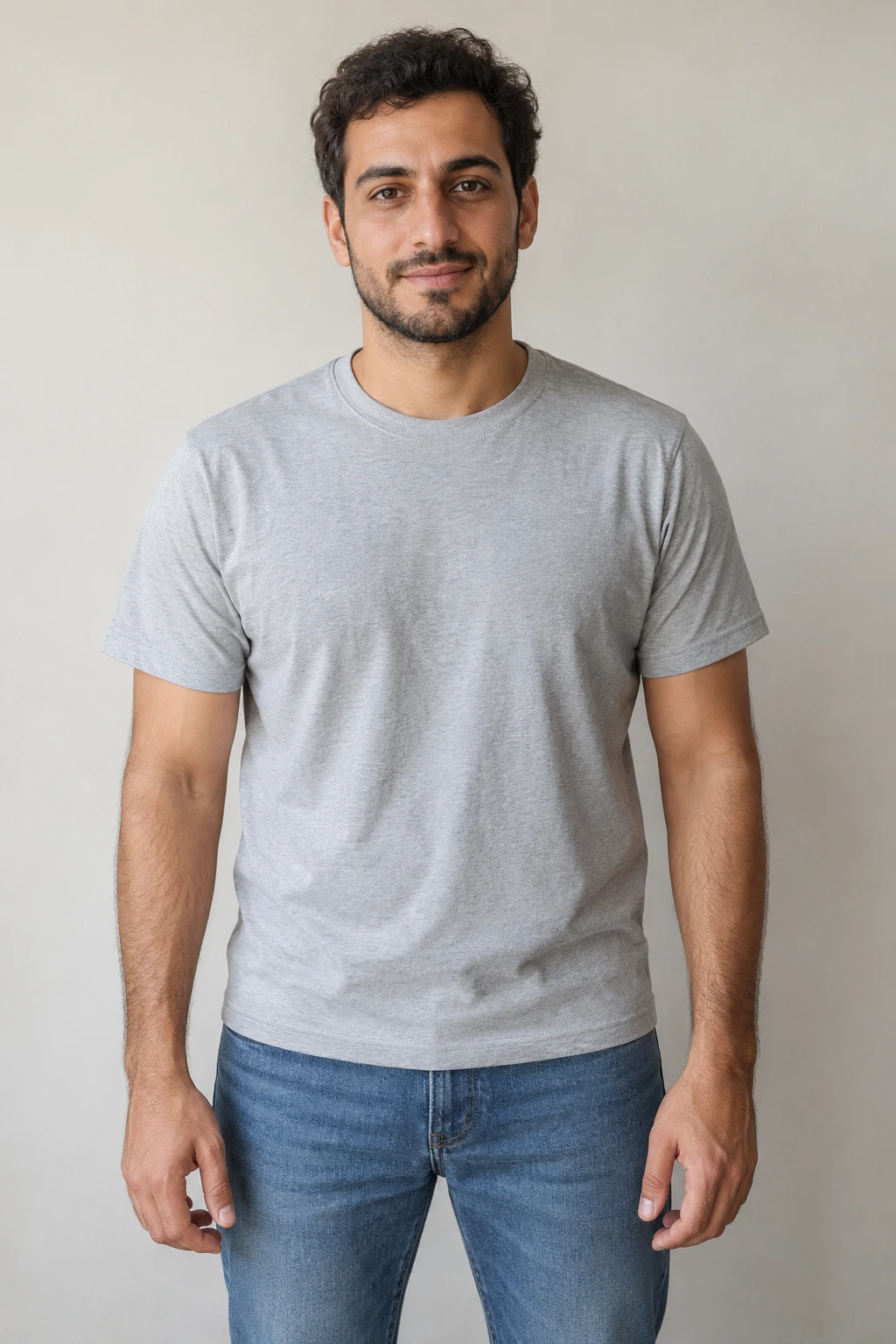 Original AI-created portrait of a fictional adult Egyptian man in a plain gray tee